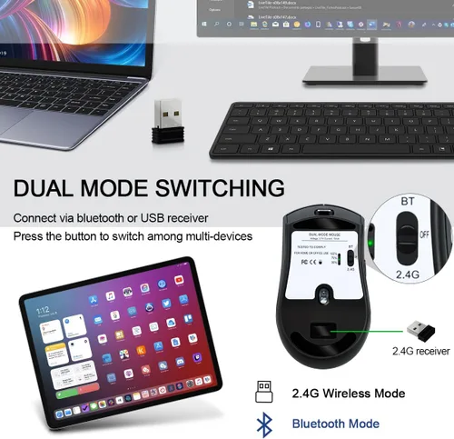 Vista 6 de Ratón inalámbrico Bluetooth (BT5.2+receptor USB 2.4G) Clics silenciosos silenciosos, funciona con modo dual para laptop, iPad, tableta, Apple Negro