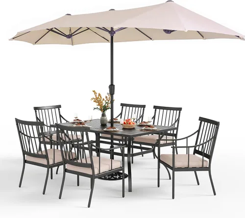 Vista 27 de PHI VILLA Juego de mesa de comedor para patio de 7 piezas con cojín para 6, mesa grande rectangular de metal para exteriores con orificio para Silla