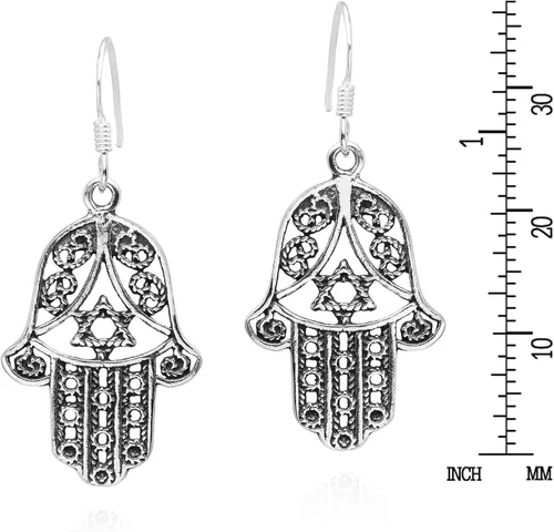 Vista 4 de Pendientes colgantes de plata de ley 925 de Hamsa con la mano y la estrella de David
