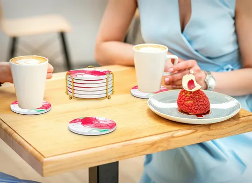 Vista 8 de Posavasos para bebidas con soporte dorado, juego de posavasos absorbentes de mármol con base de corcho para protección de mesa