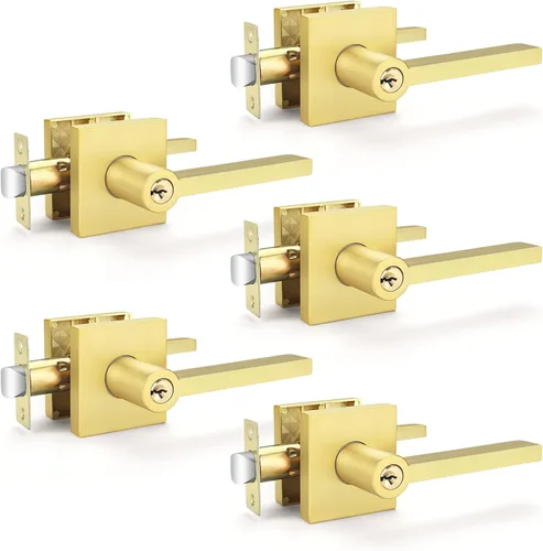 Vista 42 de EHOMEWARE Juego de manijas dobles para puerta delantera, paquete de 1 manija de puerta cuadrada de latón satinado, combinación de perilla de puerta