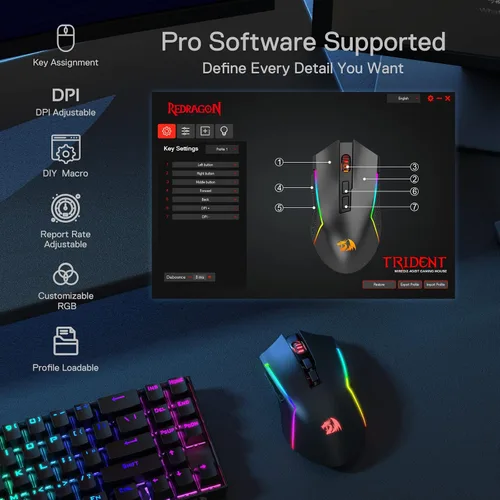 Vista 6 de Redragon M693 Mouse inalámbrico Bluetooth para juegos, 8000 DPI con conexión de 3 modos, BT y 2.4G inalámbrico, 7 botones macro, capacidad
