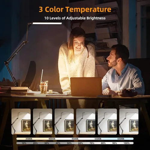 Vista 4 de NOEVSBIG Lámpara de escritorio LED con abrazadera, lámpara de escritorio de 2 en 1 con base, lámpara de escritorio de arquitecto con brazo oscilante