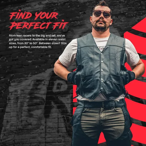 Vista 6 de HWK Chaparreras de cuero para motocicleta para hombres y mujeres, chaparreras negras para protección contra raspaduras en la carretera y comodidad