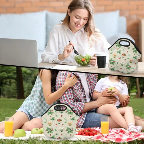 Vista 4 de Bolsa de almuerzo con aislamiento de hongos y fresas, bolsa de almuerzo reutilizable para hombres y adultos, lonchera de neopreno para trabajo