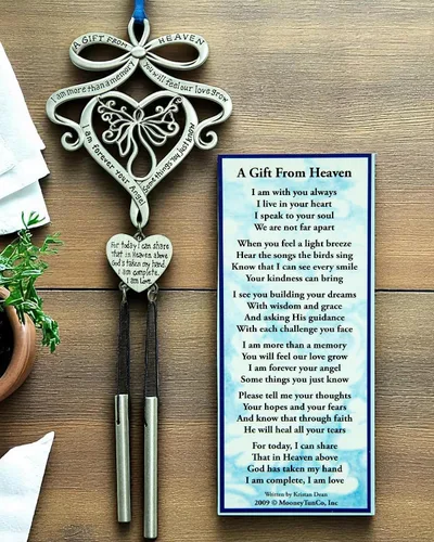 Vista 2 de Mooney Tunco, memorial con llamador de ángel "A Gift from Heaven" Engraved Pewter Wind Chime in Gift Box with Poem for Funeral Sympathy Gift or to