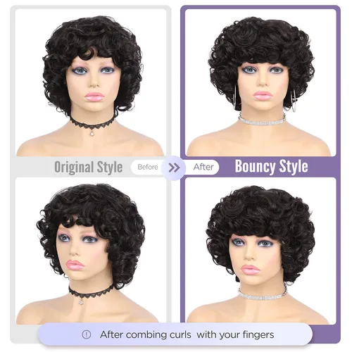 Vista 4 de Pelucas de cabello humano corto rizado Bob peluca para mujeres negras, sin encaje, peluca rizada grande con flequillo, corte pixie, pelucas Negro