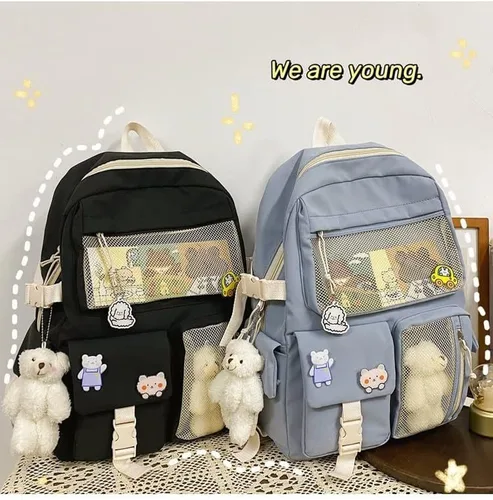 Vista 6 de Mochila Kawaii para niñas con bonitos accesorios de alfiler, colgante de felpa, mochila estética universitaria Kawaii, Azul (Blue BackPack), Classic