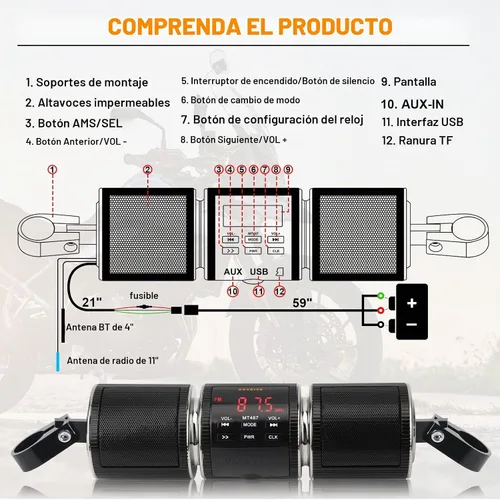 Vista 2 de Sistemas de altavoces para motocicleta BT impermeables, altavoces estéreos, montaje de barra de 7/8-1.25 pulgadas con entrada AUX, USB, microSD