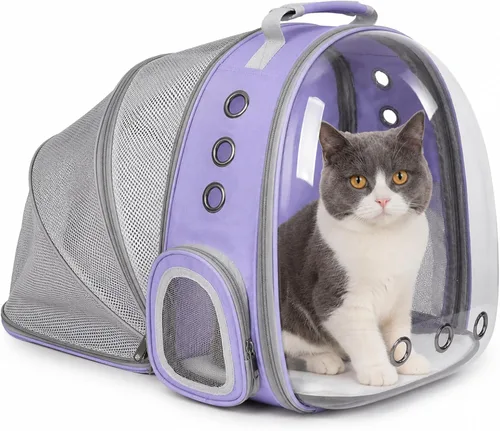 Vista 14 de Mochila expandible para gatos y perros, mochila de viaje para mascotas con ventana de burbujas con malla transpirable, estructura anticolapso, Negro
