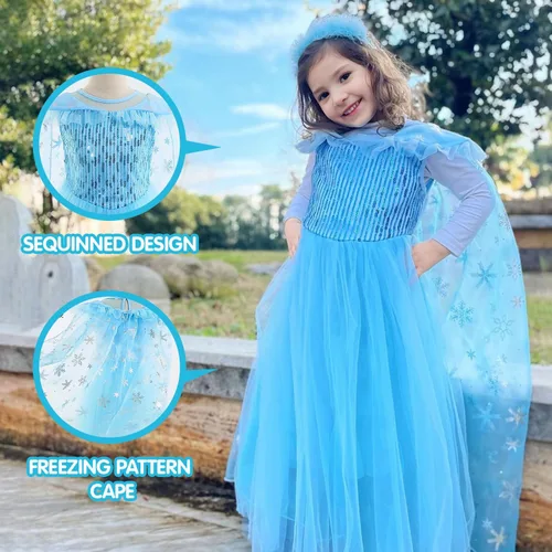 Vista 3 de Vestido de princesa, disfraz de princesa para niñas, ropa de disfraces de Halloween con capa, forro de luz LED, azul