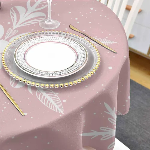 Vista 3 de Mantel redondo de Navidad con diseño de copo de nieve rosa de 54 pulgadas, protector de tela impermeable, mantel de Navidad con copos de nieve