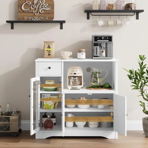 Vista 6 de HORSTORS Armario para microondas, armario de almacenamiento de cocina con 3 puertas y 1 cajón, aparador de buffet con estantes ajustables, soporte