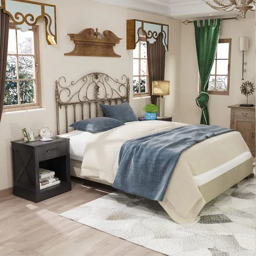 Vista 8 de Giantex Mesita de noche de granja, mesa auxiliar rústica con cajones y compartimento abierto, mesa auxiliar de madera para sofá para dormitorio