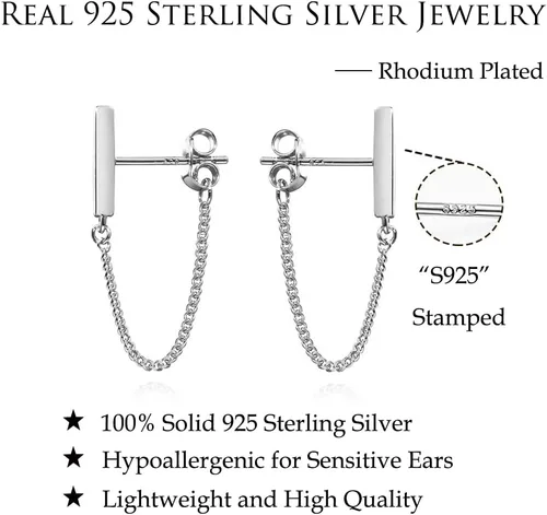 Vista 7 de Reffeer Solid 925 Sterling Silver Bar Chain Dangle Earrings Drops for Women Bar Drop Earrings Chain Studs