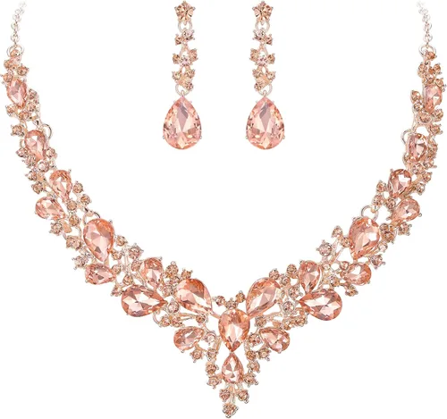 Vista 16 de BriLove Women's Wedding Statement Necklace Dangle Earring Jewelry 01-Tono plateado transparente
