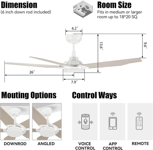 Vista 3 de SMAAIR Ventilador de techo inteligente de 5 aspas para exteriores con kit de luz regulable y motor de CC de 10 velocidades, funciona con control