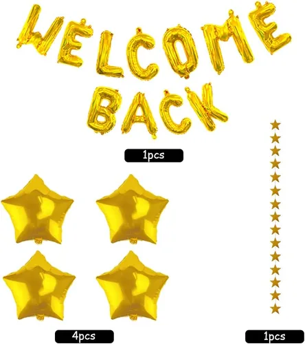 Vista 4 de Juego de 66 piezas de decoración de globos de bienvenida con texto en inglés "Welcome Back" y "Welcome Back", globos dorados y plateados, globos