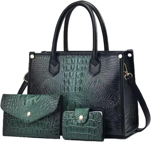 Vista 13 de Bolso y monedero para mujer, 3 piezas, con patrón de cocodrilo, cartera de embrague, tarjetero Gris