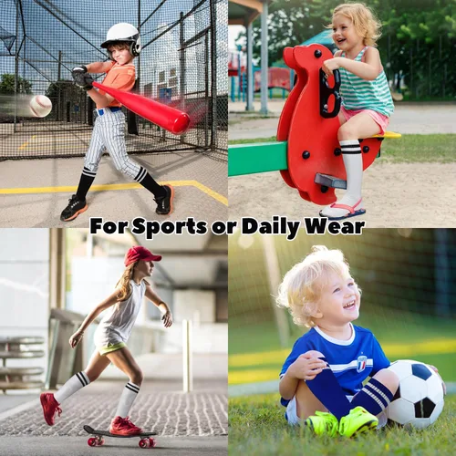 Vista 2 de ELUTONG Calcetines de fútbol para niños, 3 pares para niños y niñas, a rayas, tubo atlético, equipo de fútbol, deporte, calcetines altos
