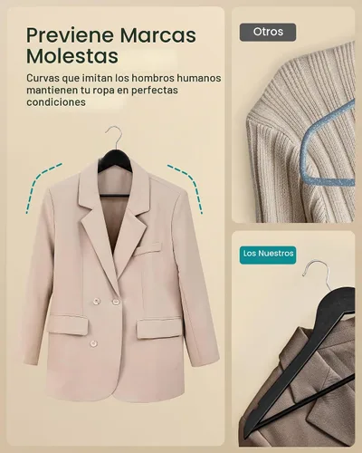 Vista 5 de SONGMICS Perchas de madera, paquete de 20, perchas para abrigos, barra para pantalones, ganchos giratorios de 360°, madera de abedul maciza, 0.3