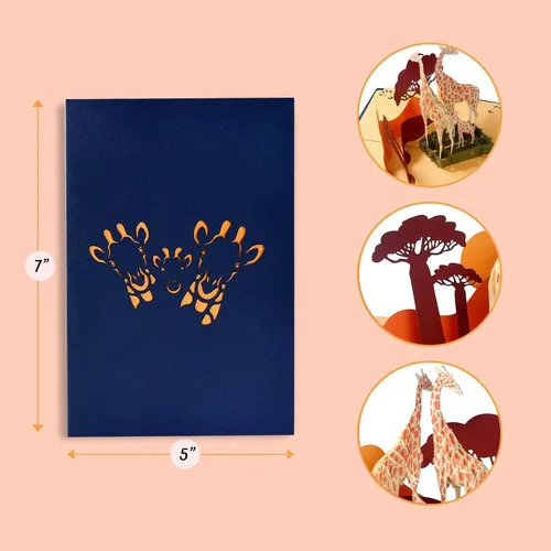 Vista 3 de CUTE POPUP Tarjeta familiar de jirafa 3D desplegable para cumpleaños, aniversarios y día de la madre, cartulina cortada con láser, diseño de safari