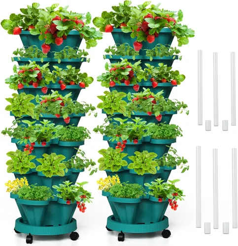 Vista 22 de Macetas verticales de fresa, paquete de 2 unidades, torre apilable de 5 niveles con poste de soporte, macetas apilables para hierbas y verduras