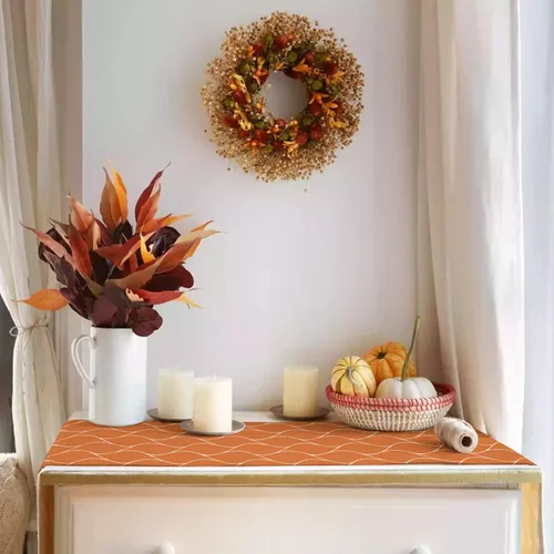 Vista 4 de Camino de mesa naranja de 70 pulgadas de largo, camino de mesa de comedor ondulado abstracto, bufandas de rayas naranjas, decoración de otoño