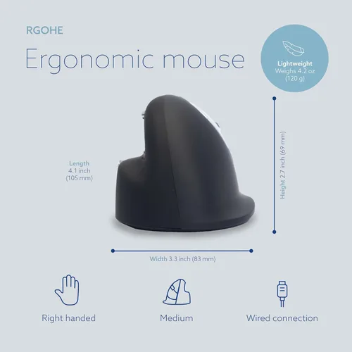 Vista 3 de R-Go HE Ratón ergonómico, con software de interrupción, cable USB-C (con convertidor USB-A), diseño vertical, túnel carpiano, clic silencioso