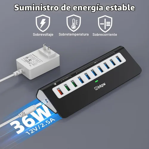 Vista 8 de Hub USB alimentado de 10 Gbps, concentrador USB 3.2 Gen 2 de 10 puertos con 7 puertos de datos USB 3.2, 3 puertos de carga rápida, adaptador