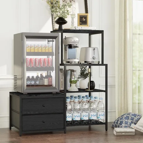 Vista 2 de Soporte para Mini Refrigerador con Almacenamiento, Microondas y Soporte para Mini Refrigerador con Toma de Corriente, Barra de Café, Panadero