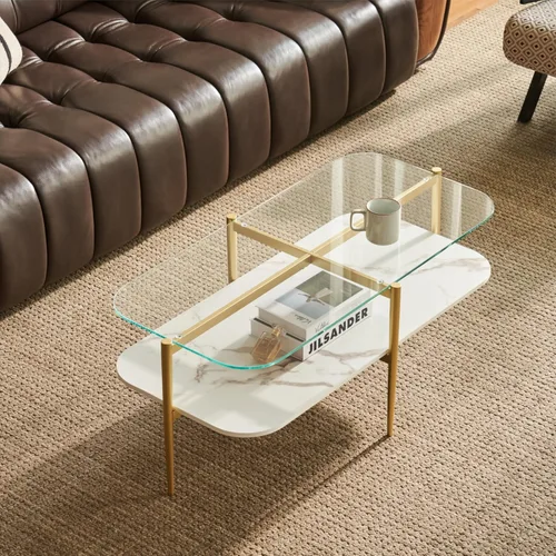 Vista 13 de Saint Mossi - Mesa de café moderna para sala de estar, mesa de café redonda de mediados de siglo, mesa central de 2 niveles para espacios pequeños
