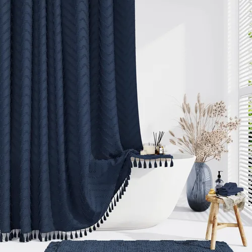 Vista 21 de Dynamene - Cortina de ducha de tela bohemia con rayas con chebrón en relieve, juego de cortina angosta para baño, media cortina impermeable de A.