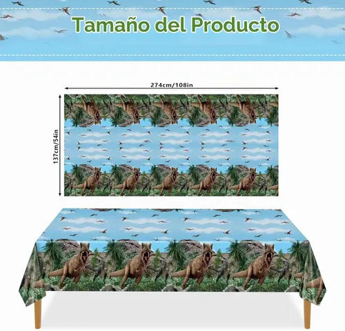Vista 2 de 2 manteles de fiesta de dinosaurios de 54 x 108 pulgadas, desechables, de plástico, con estampado de dinosaurios, para niños, decoración