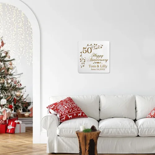 Vista 6 de Placa personalizada para aniversario 50 de boda con soporte, platos cuadrados de cerámica de porcelana de 9 pulgadas, regalo de aniversario dorado