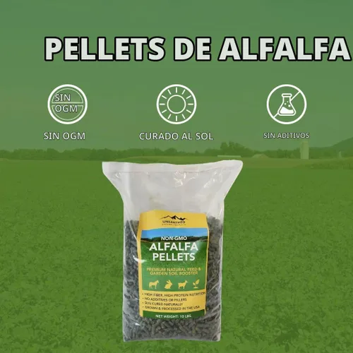 Vista 2 de Unearthed Pellets de alfalfa sin OMG – Alfalfa curada al sol 100% pura, sin aditivos ni rellenos Alimento premium para conejos, caballos, cabras