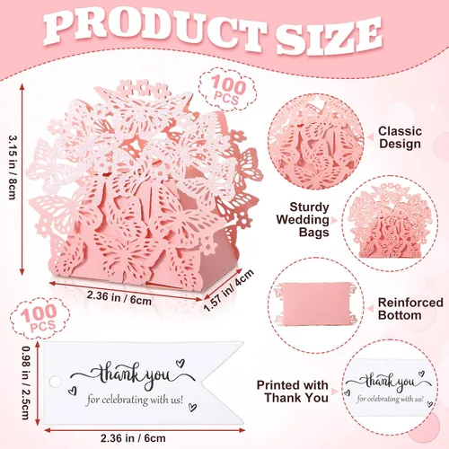 Vista 2 de Cholemy Paquete de 100 cajas de regalo de mariposa para baby shower, caja de regalo de mariposa pequeña con tarjeta de agradecimiento y cinta