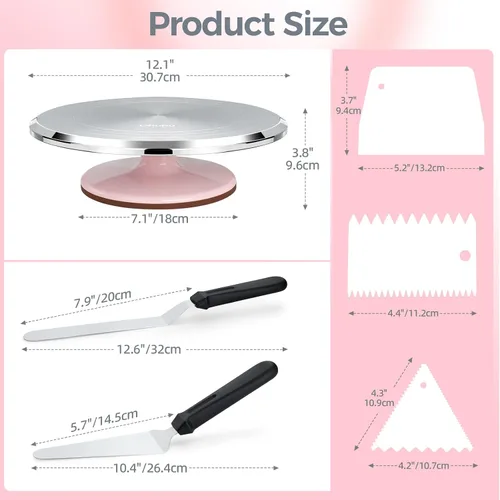Vista 3 de Ohuhu Tocadiscos para tartas, aluminio de 12 pulgadas, kit de decoración de tartas, suministros giratorios, soporte giratorio con 2 espátulas