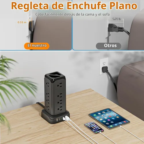 Vista 3 de PASSUS - Regletas de alimentación con protección contra sobretensiones, cable de extensión plano de 6 pies con múltiples tomas, torre de 16 tomas