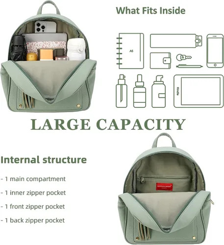 Vista 3 de Mini mochila antirrobo para mujer, bonita mochila escolar para adolescentes y niñas con cremallera segura y borla, forro polar verde con licencia