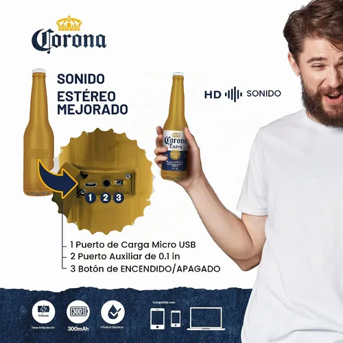 Vista 4 de Corona - Altavoz Bluetooth para botella de cerveza, rango de 30 pies, tiempo de reproducción de 3 horas