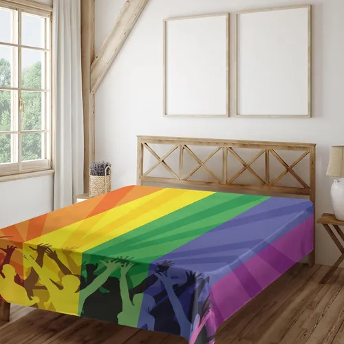 Vista 2 de Ambesonne Pride Flat Sheet, People Celebrating International Day for LGBT Community Colorful Striped Design, Soft and Comfortable Top Sheet