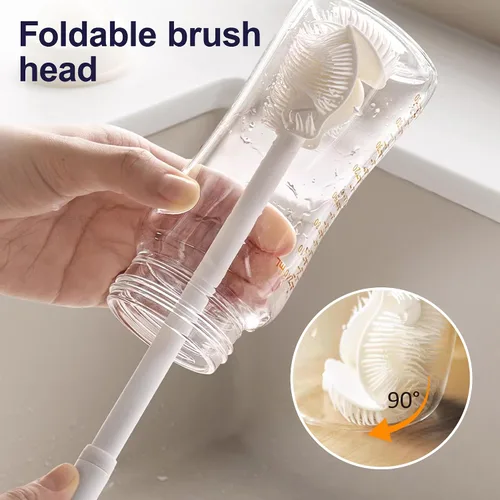Vista 2 de Cepillo de silicona para botellas, cepillo de agua flexible de cerdas suaves de 360° con mango largo, cepillo de limpieza de tapa de taza