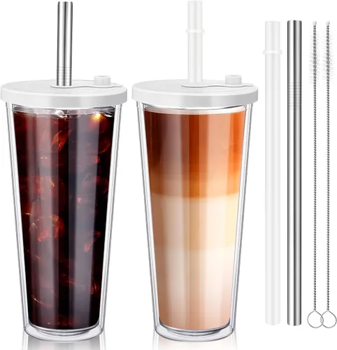 Vista 8 de Honeydak Paquete de 2 Tazas Reutilizables de 16oz para Café Helado con Tapas, Impermeables y de Pared Doble Aislada, Vaso de Café Helado de Plástico