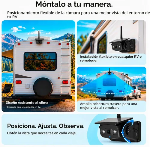 Vista 2 de Waggle Sistema de observación de RV, pantalla DVR inalámbrica de 7 pulgadas, cámara de respaldo 1080P con panel solar integrado, batería recargable