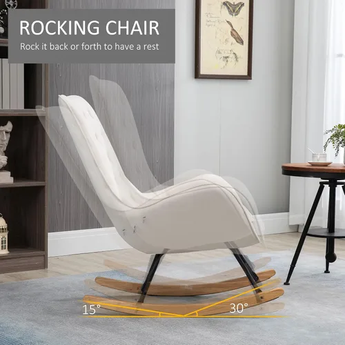 Vista 4 de HOMCOM Mecedora de tela, silla decorativa Mid-Century Wingback, color blanco crema Sillón, acolchonado, balancín, asiento acolchado, base