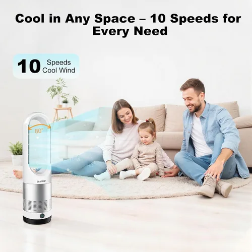Vista 4 de Ventilador de torre sin aspas de 22 pulgadas, oscilación de 80°, temporizador de 9 horas, 10 velocidades, control táctil remoto, fácil de limpiar