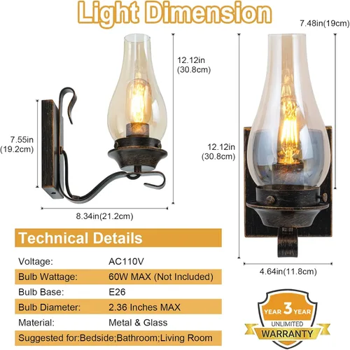 Vista 5 de Yisuro Aplique de Pared con Cable, Aplique de Pared de Bronce Cepillado con Cable para Interior, Lámparas de Pared Retro Rústicas con Vidrio Ámbar