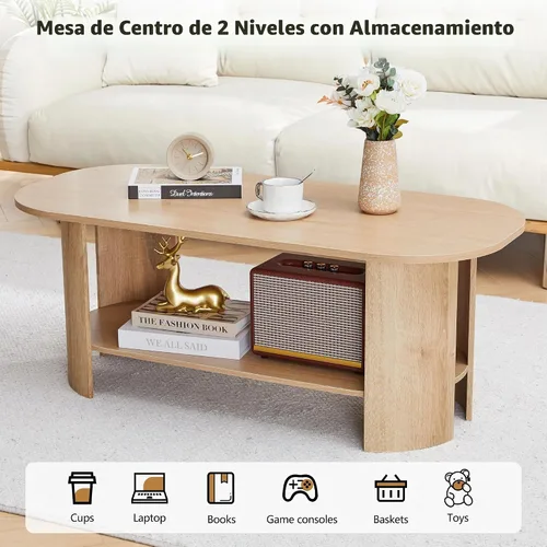 Vista 5 de Mesa auxiliar ovalada para sala de estar, mesas de centro de granja de 43.3 pulgadas con almacenamiento, mesa central de madera de 2 niveles