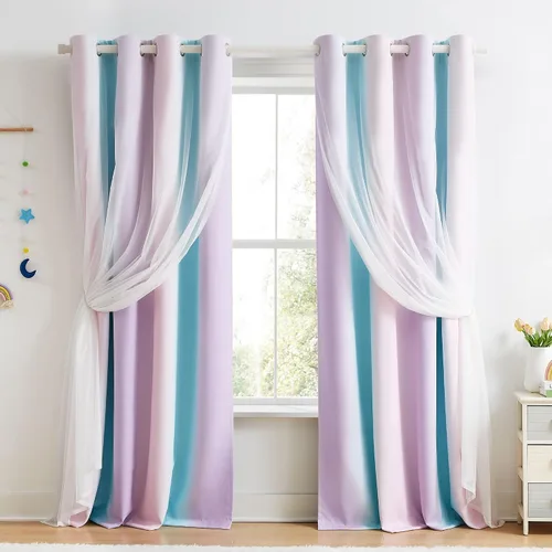Vista 35 de Cortinas 100% opacas con superposición de gasa Mix and Match de doble capa, 54 pulgadas de largo, 2 paneles para dormitorio y sala de estar, azul